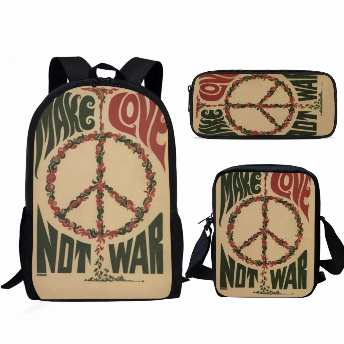 Patrón de paz y amor 3 unids/set bolso escolar para estudiantes con bolsa de almuerzo bolsa de lápices adolescente niñas niños mochila informal de viaje diario