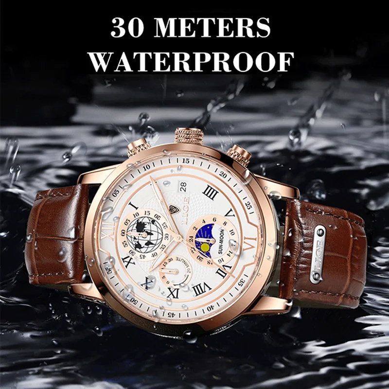 LIGE Leather Men Watches Fashion Creative Luminous Big Dial Chronograph Man Watch Casual Waterproof Business Quartz Wristwatches