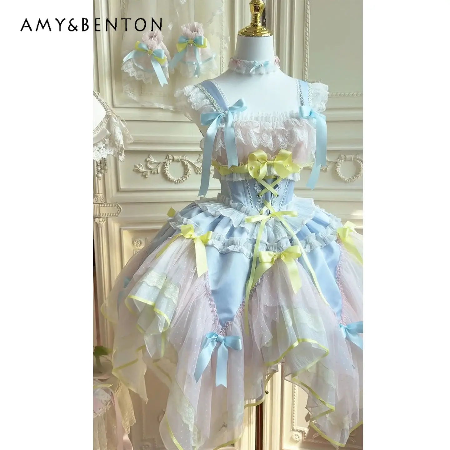 

Summer Japanese Style Sweet Short Pink Blue Lolita Slip Evening Dress Birthday Coming-of-Age Graduation Fairy Princess Dress