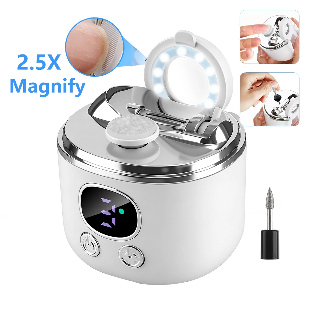 

2-IN-1 Electric Nail Clipper with 2.5X Magnifier Glass LED Light for Seniors 3-Speed Auto Nail Trimmer Polisher Cuticle Remover