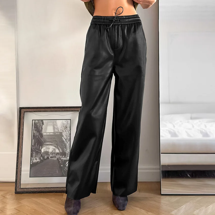 2025 Autumn Winter Fashion Gray Fleece-Lined Matte Leather Pants Vintage High-Waisted Women's Casual Trousers