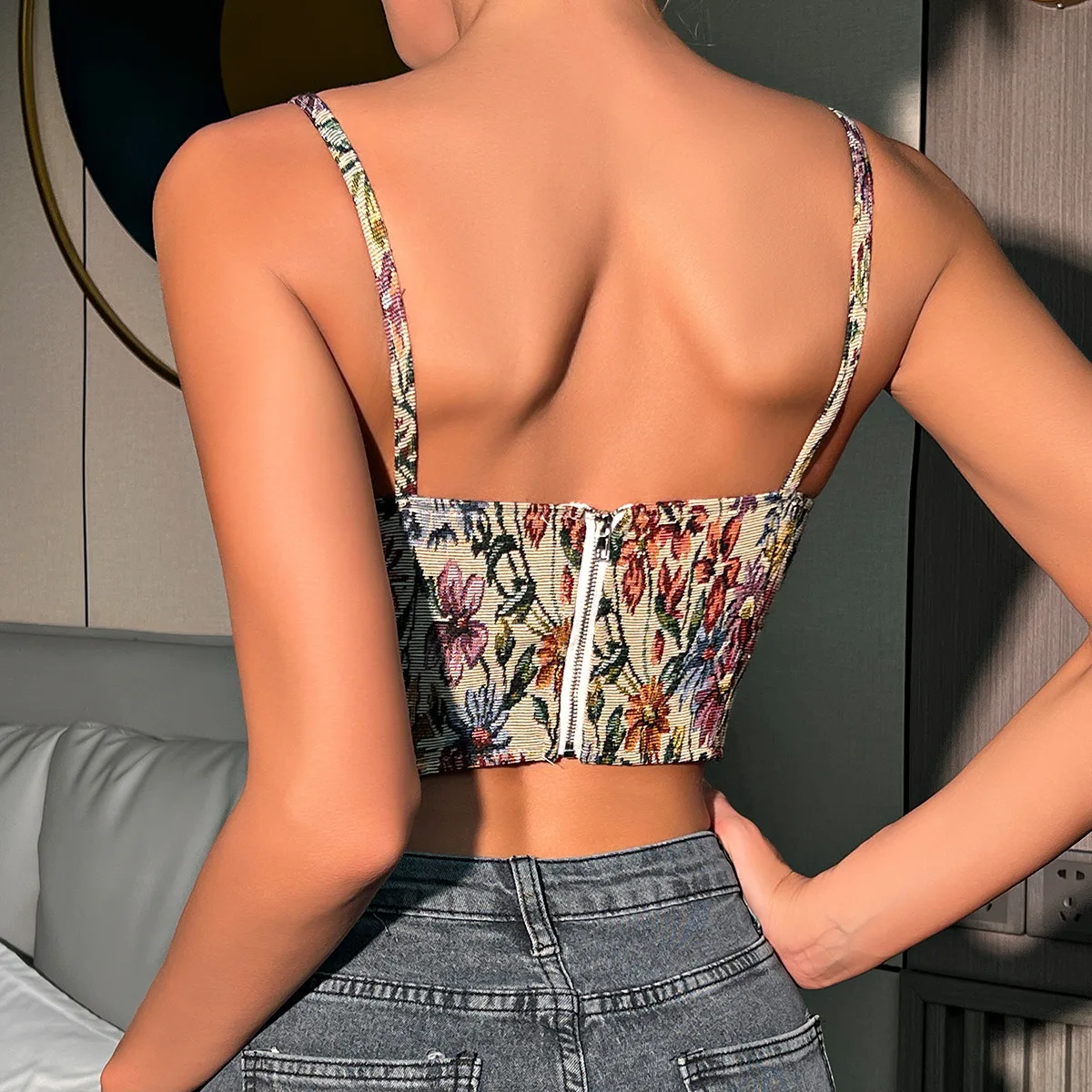 ISAROSE Vintage Corset for Women Summer Floral Spaghetti Straps Back Zipper Non Stretch Backless Fishbone Crop Tops Camisole