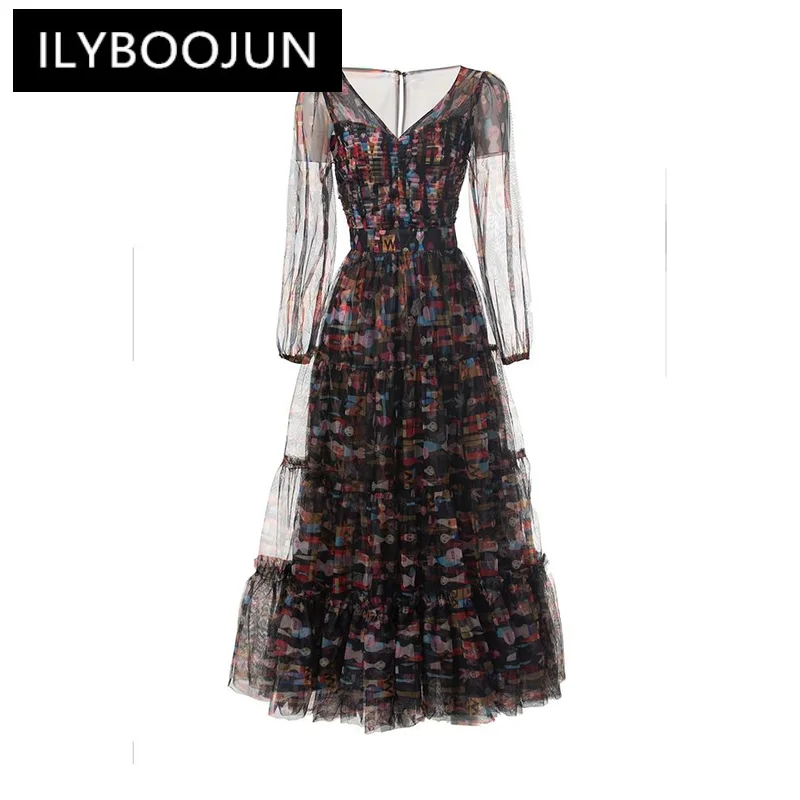 

ILYBOOJUN 2024 Summer High Quality Women Dress Bohemian Print Net Yarn Ruched Elastic Waist Single Buckle Ruffle Hem Dresses