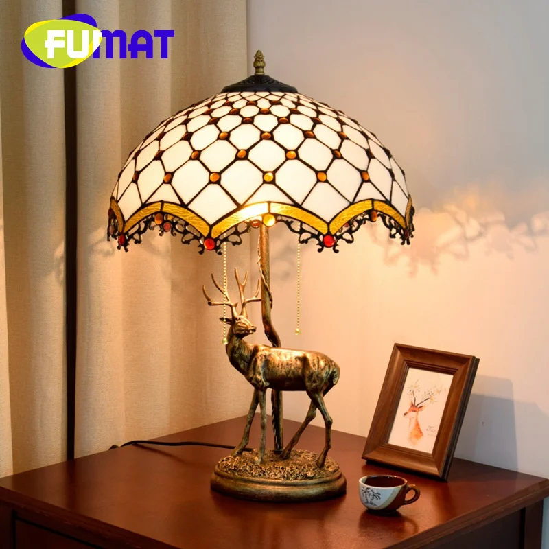 

FUMAT Tiffany elk white minimalist style stained glass desk lamp Art Deco living room bar study bedroom bedside office lamp