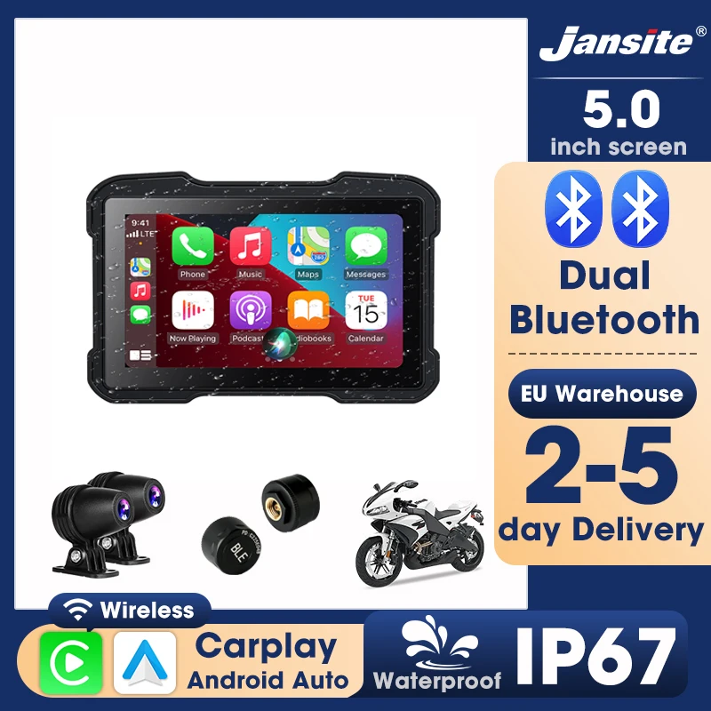 Jansite – écran d'affichage pour moto de 5 pouces, Carplay, navigation pour moto, tableau de bord numérique portable, Android Auto, étanche IP67, moniteur BT DVR