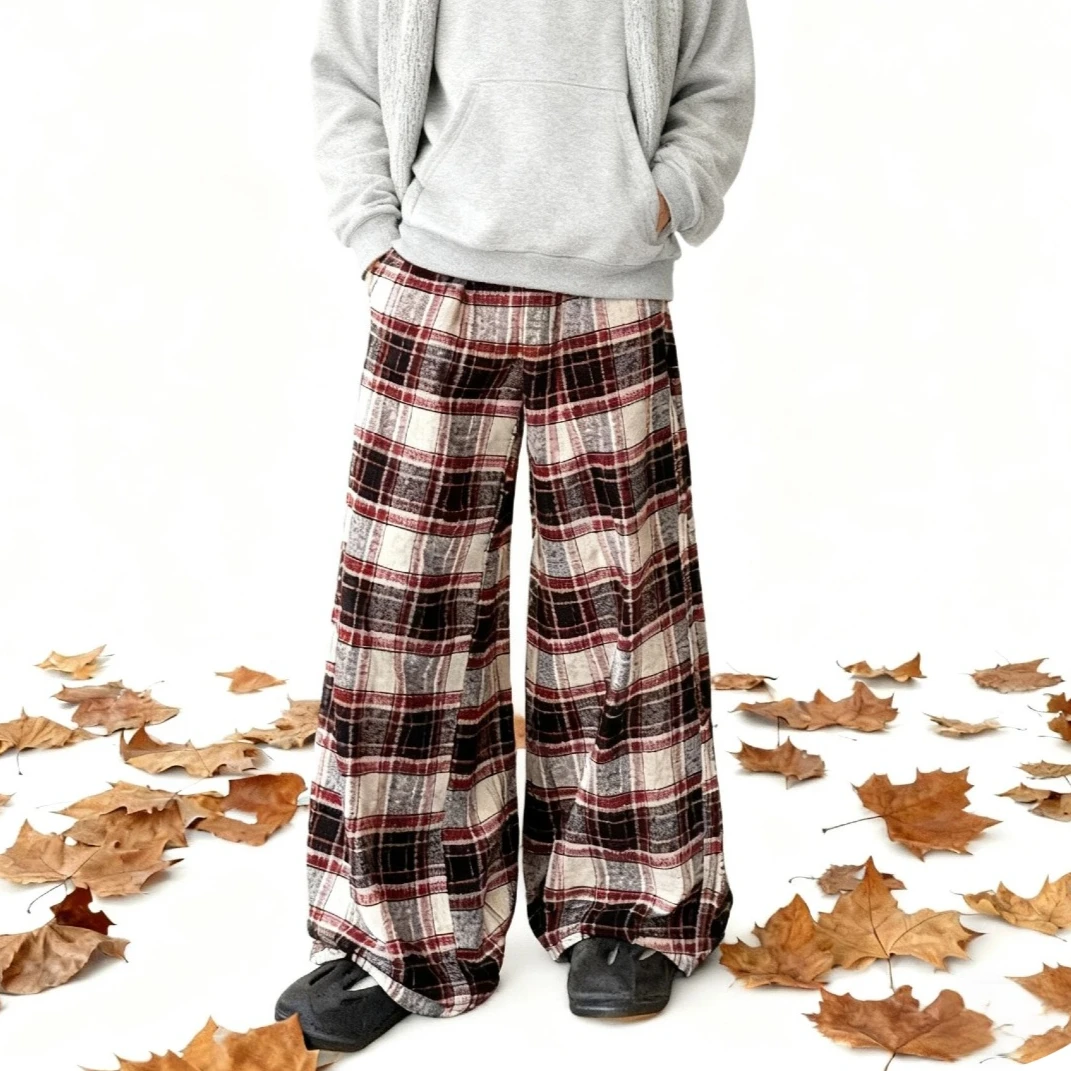 

American Style Plaid Drawstring Pants Men's Straight Leg Casual Slimming Long Trousers Women's Retro Couple's Fashion Clothing