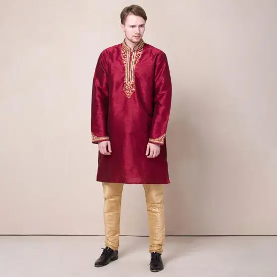 Indian Clothing Embroidery Ethnic Wedding Men\'s Clothing Red Suit Include Pants Spring Kurta Vintage