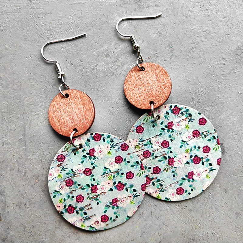 6pairs/lot Earrings Boho Floral Print Double Round Wood Dangle Earrings Two Layer Wooden Drop Earrings Women Daily Jewelry