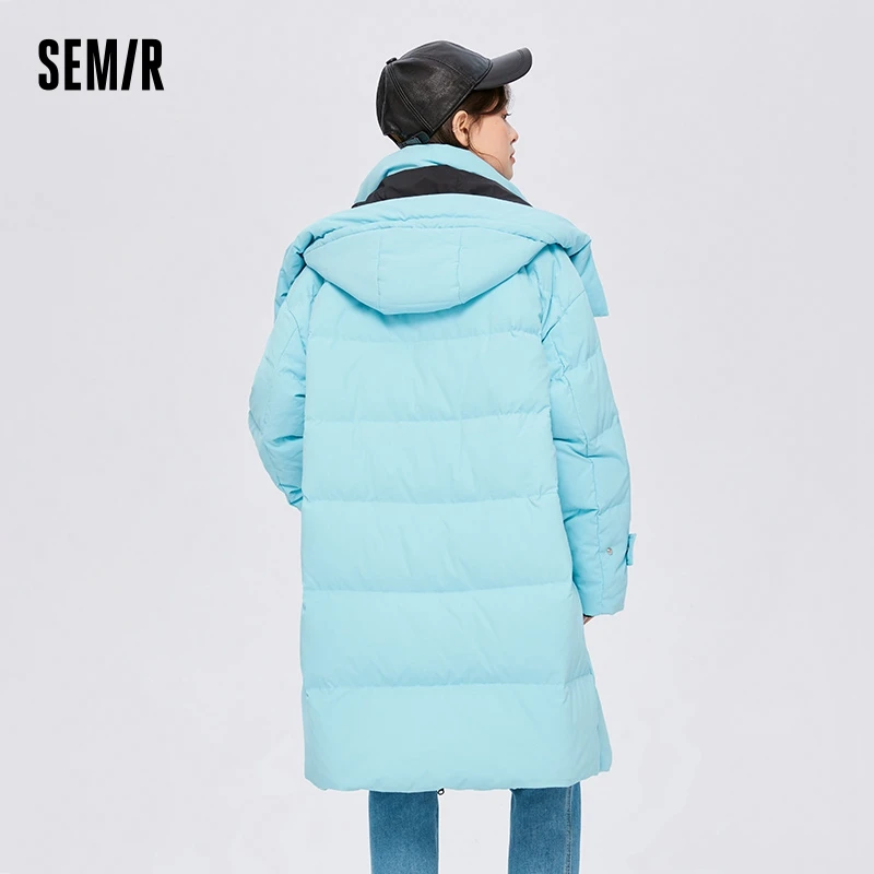 Semir Down Jacket Women Long Waterproof 2023 Winter New Loose Buckle Design Milk Yellow Down Jacket