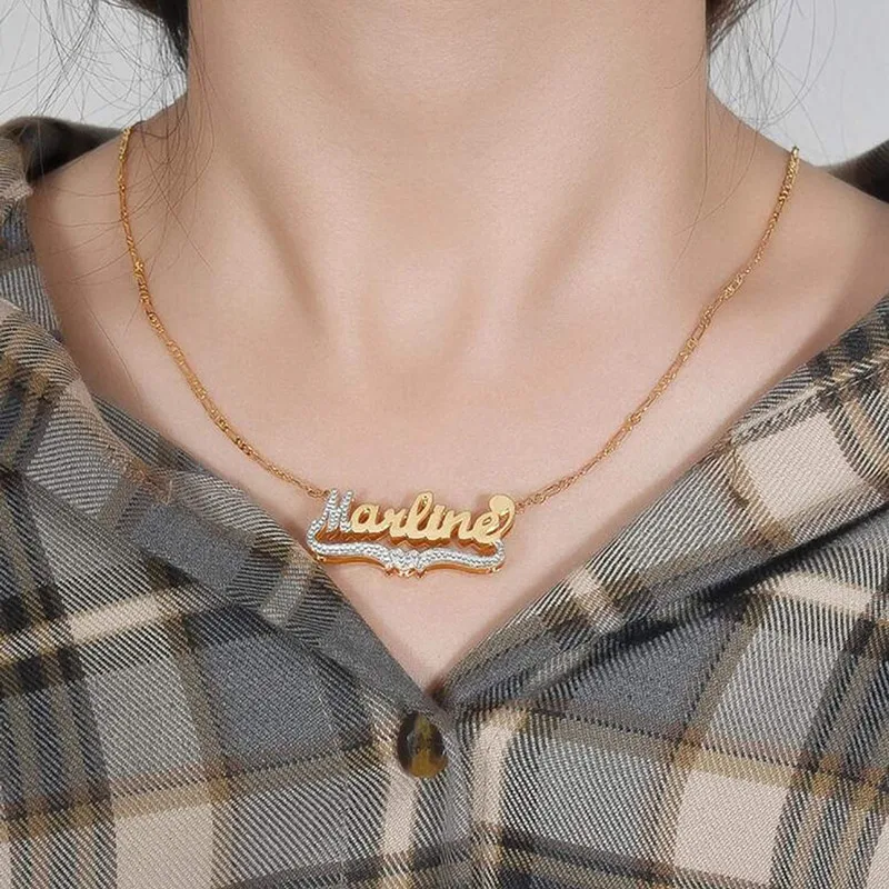 

Customized Name Necklace With Heart Figaro Chain Stainless Steel 18K Double Layer Plated Nameplate 3D Necklace Jewelry For Women