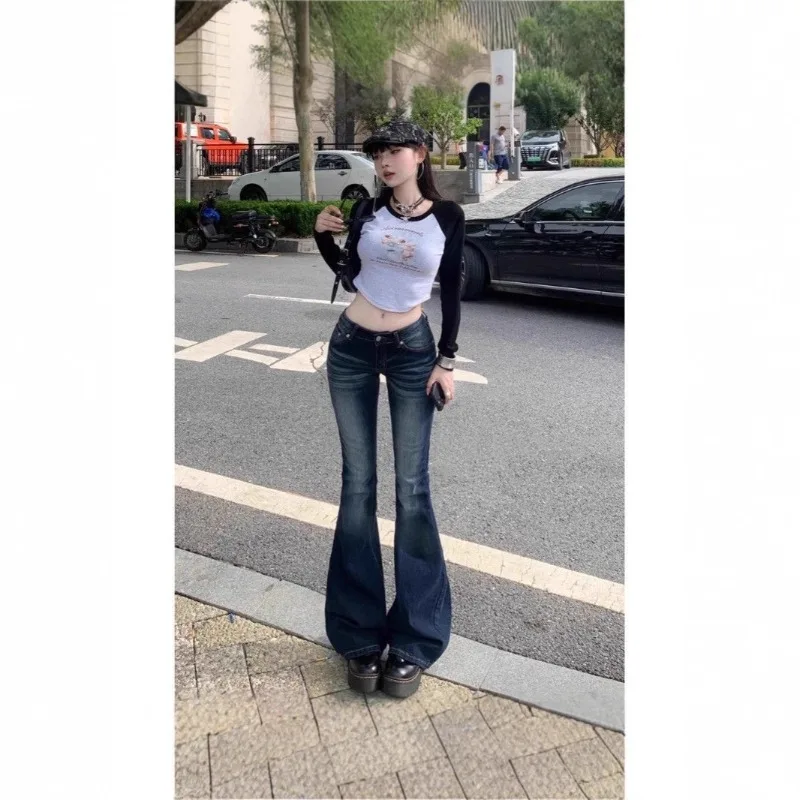 

Women's NewAmerican Vintage Low Rise Flared Jeans High Street Slim Fit Stretch Denim Pants Versatile Bell Bottom Casual Trousers