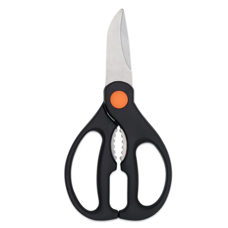 Tijeras afiladas de acero inoxidable para alimentos, hueso de pollo, verduras, hogar, negro, naranja, mango de PP, tijeras para barbacoa con Cascanueces