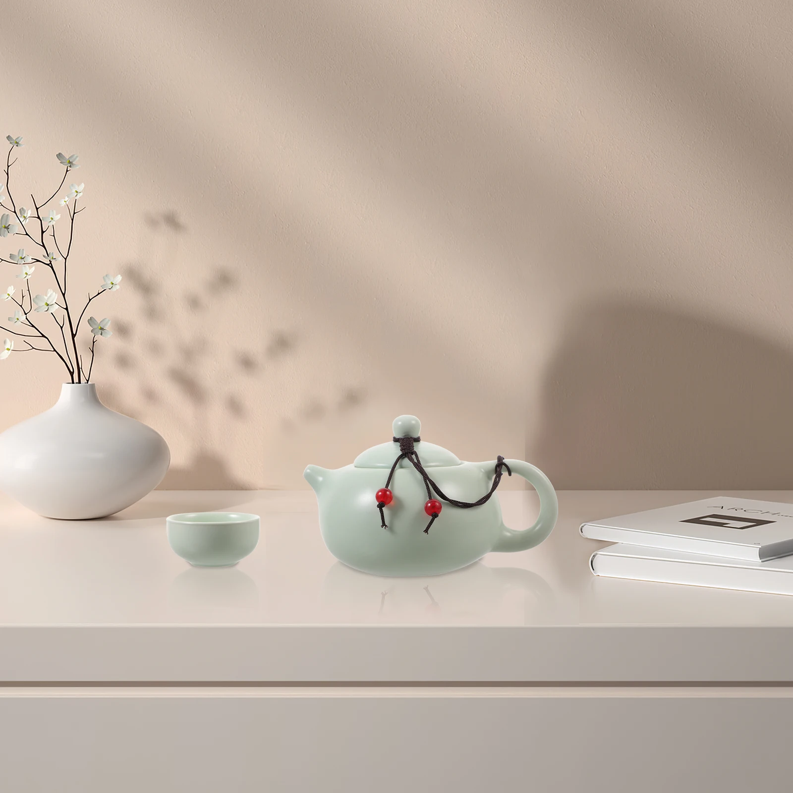

Portable Tea Set Travel Kit Ceramic Wooden Teapot Cups with Tray Clips Cloth Bag Safe Materials Multi-Use for Convenient