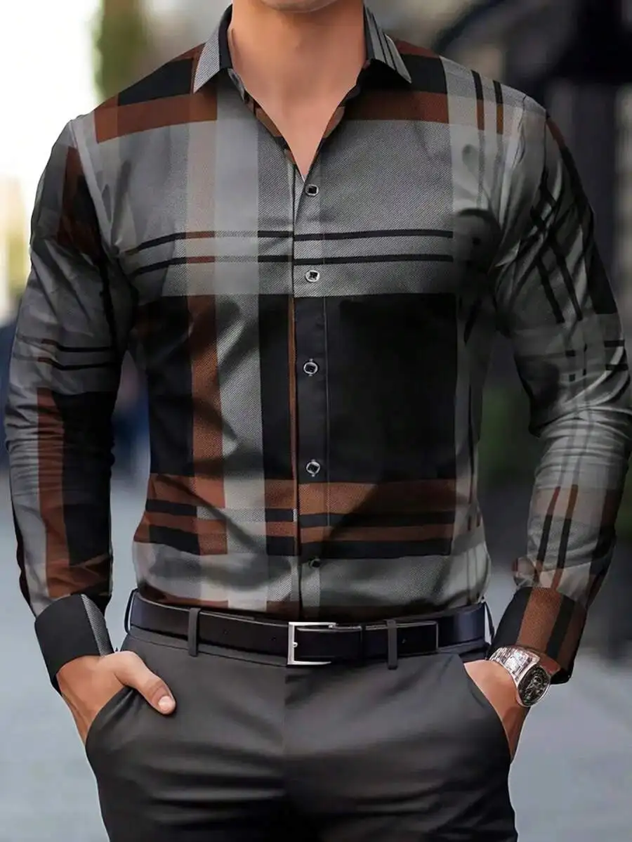 

Men's Long Sleeve Single-Breasted Shirt with Grey-Brown Grid Stripe Pattern, Casual to Business Wear