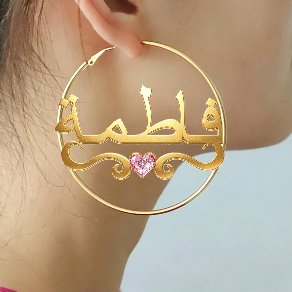 Personalized Custom Script Name Hoop Earring Stainless Steel Crown Birthstone Crystal Gold Big Circle Fashion Ear Accessory