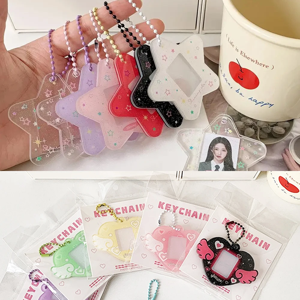 Portable Glitter Star Acrylic Photocard Holder Keychain 1-Inch ID Card Case Student Kpop Idol Photo Bag Durable Card Storage