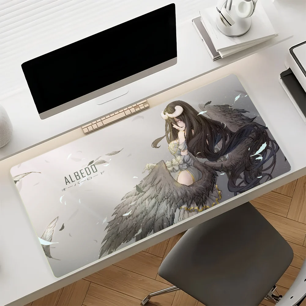 Light Grey Tone Winged Anime Lady Gaming Mouse Pad, Non-Slip Rubber, Waterproof Stitched Edge, Extended Desk Mat for PC, Laptop