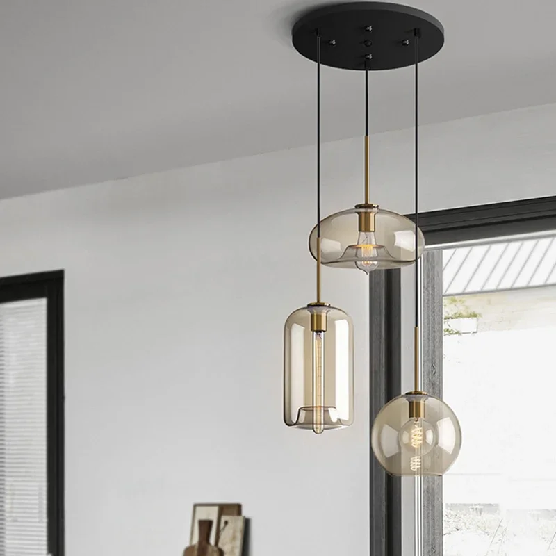 

Lamp Modern 3-Light Pendant Light Fixtures, Industrial Hanging Ceiling Lamp With Amber Glass Shade, Vintage Black Pendant Light