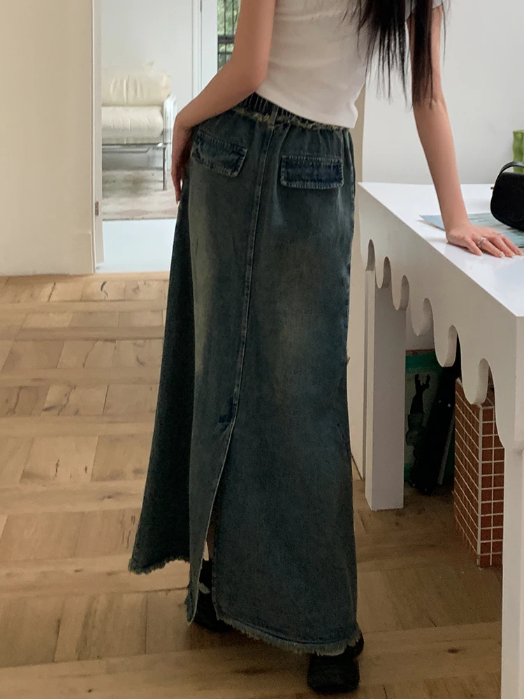 Vintage Jeans Skirts Women High Waist Tassel Ripped Denim Skirts Female 2024 New Casual Pocket Straight Zipper Long Skirts