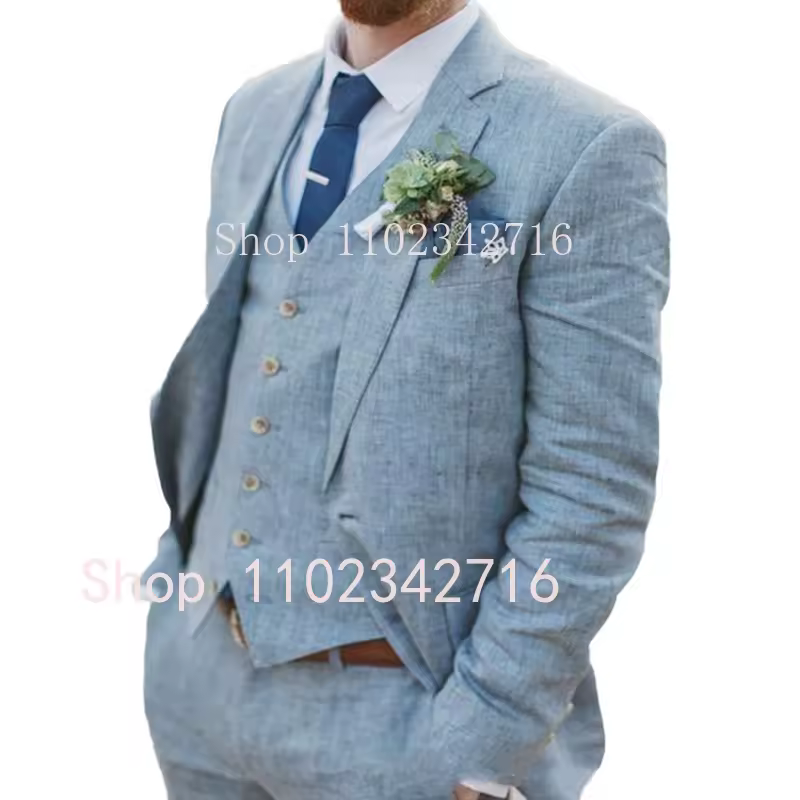 Costume Homme 3 Piece Linen Men Suits 2023 Groom Tuxedo for Wedding Groomsman Summer Beach Male Suit (Jacket+Pants+Vest) Terno