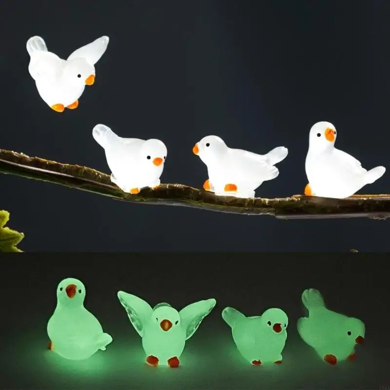 Pack of 8 Miniature Glow in the Dark Pigeons Figurine Resin Craft White Bird Ornaments for Home Decors and Garden Landsc