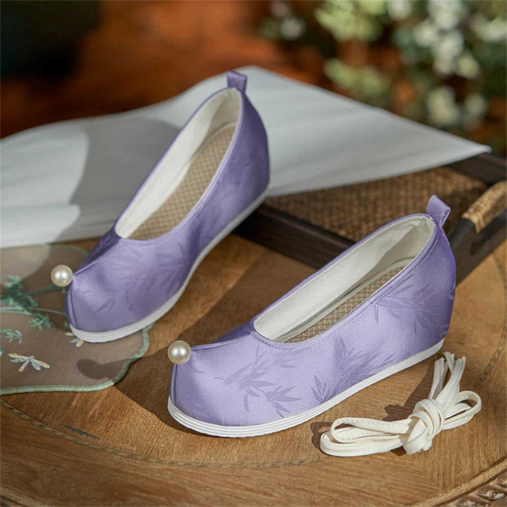 Purple Print Soft-soled Hidden Heels Hanfu Shoes Chinese Traditional Pearl Lace-up Bow Shoes Women's Ancient Costume Accessories