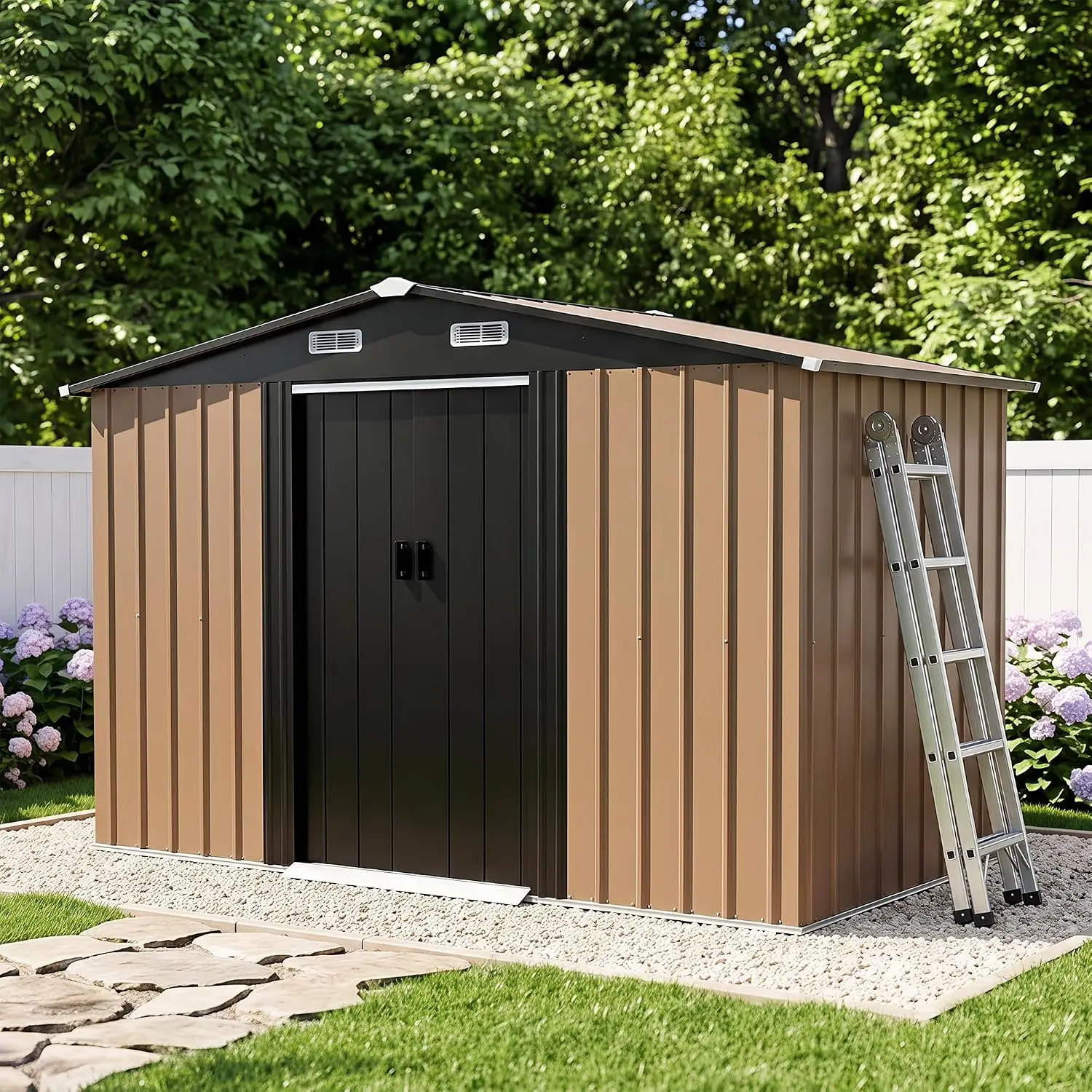 10 X 4.5 FT Outdoor Storage Shed Galvanized Steel Double Sliding Doors Gable Roof Air Vent Backyard Brown