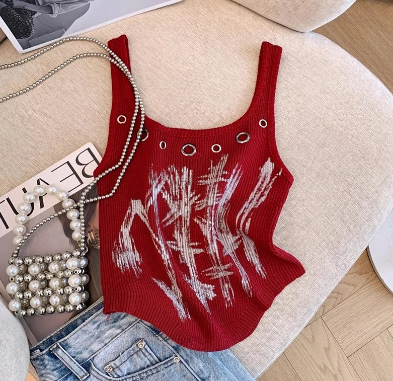 

American Sweet Spicy Metal Ring Workwear Tank Top Women's Summer ort Tight Strapl Base irt Fem Faion Sle