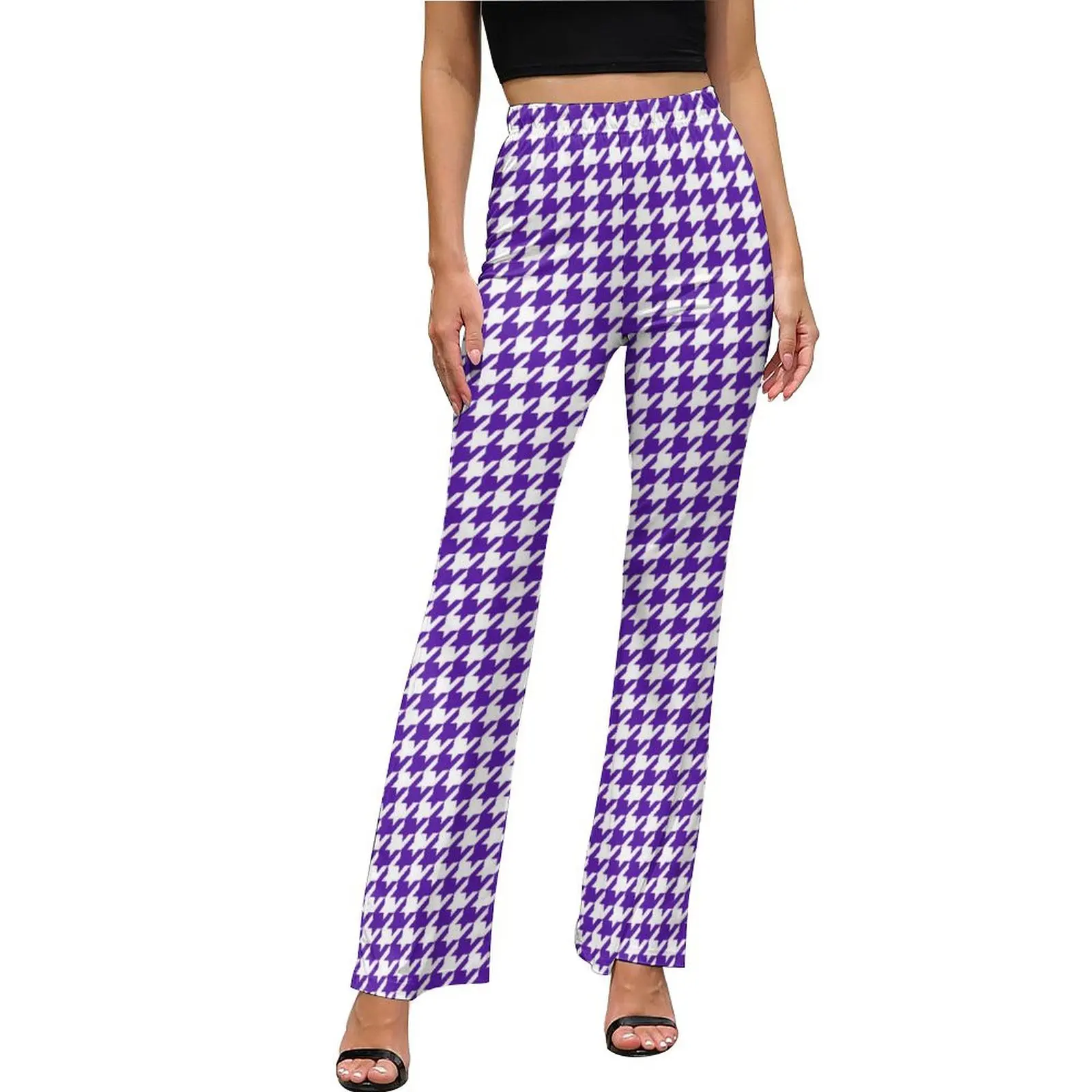 

Брюки с рисунком «гусиные лапки», белые и фиолетовые повседневные расклешенные брюки, летние женские облегающие брюки в уличном стиле на заказ