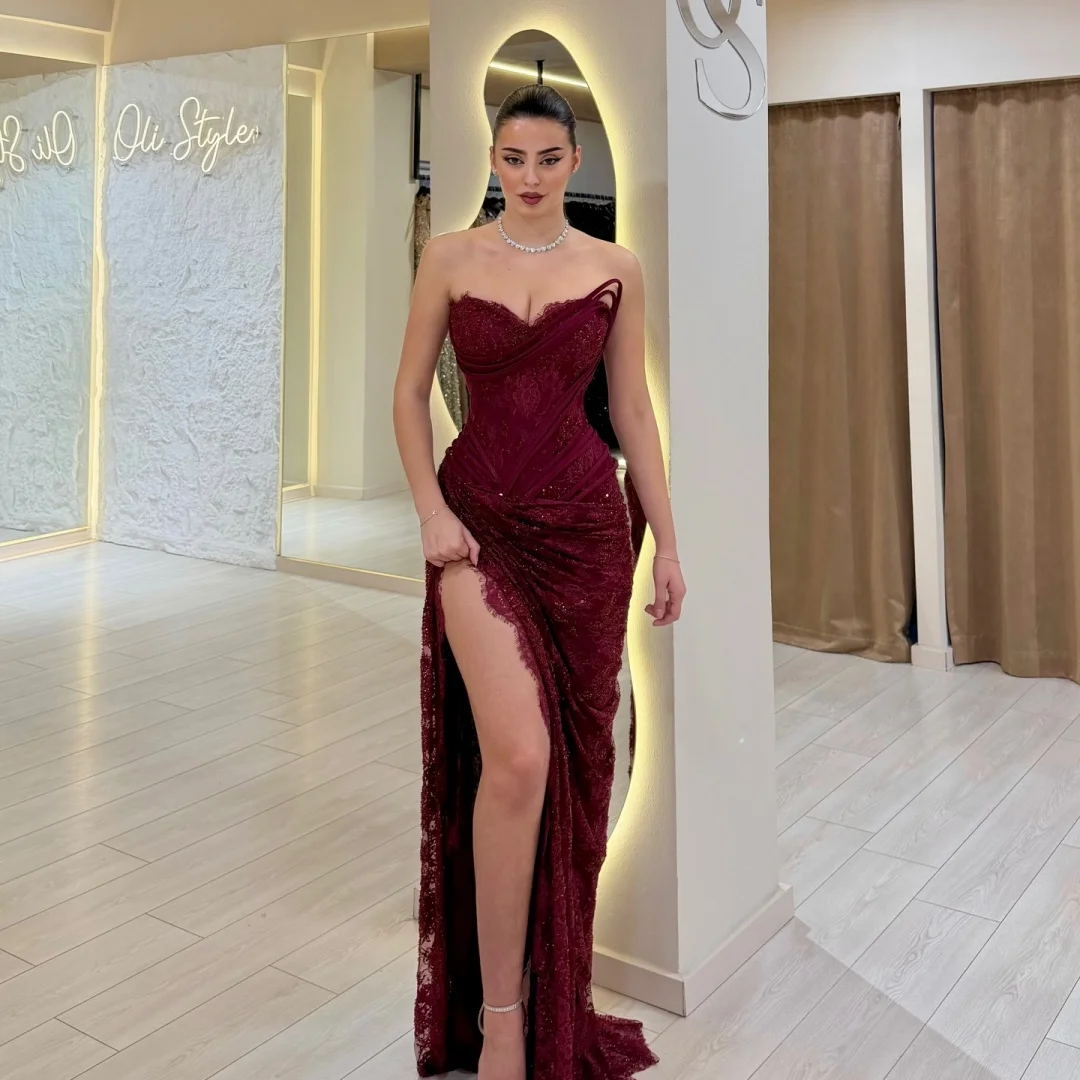 Amanda Customized Burgundy Strapless Prom Dress With Ruched Lace High Slit Trailing vestidos de noche Formal Evening Gown  2026 image 2