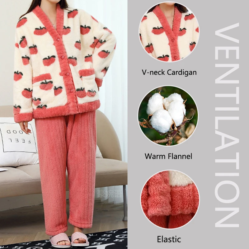 Girls Pink Thickened Warm Pajamas Women Long Sleeve Long Pants Coral Fleece 2/pcs Pajama Set Student Casual Warm Homewear Can Be