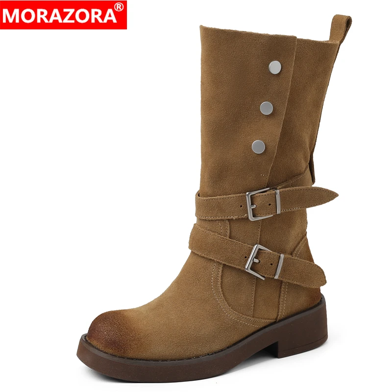 

MORAZORA 2026 New Cow Suede Genuine Leather Boots Women Chunky Mid Heels Cowboy Boots Buckle Autumn Winter Ankle Boots