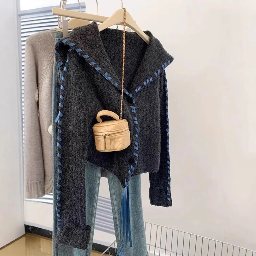 

Dark Gray Navy Collar Sweater Unique patchwork Ribbon Tassel Short Cardigan Women Autumn Winter 2025 New Long Sleeved Jacket