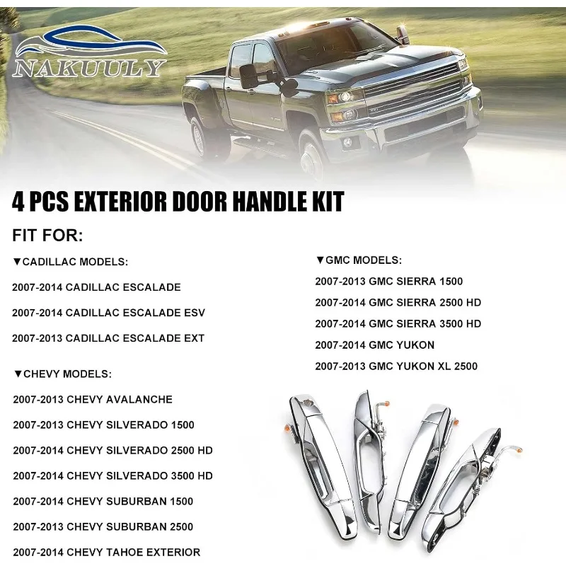 Exterior Chrome Door Handle 4 PCS Front Rear Driver & Passenger Compatible with 2007-2014 Cadillac Escalade Chevy