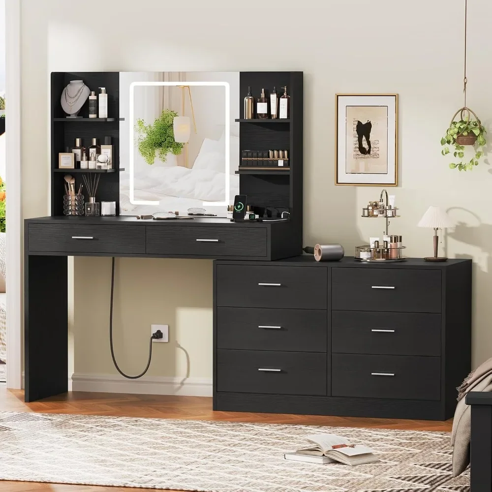 Dressing Table with LED Illuminated Mirror and Power Socket, Drawers and Open Shelves image 2