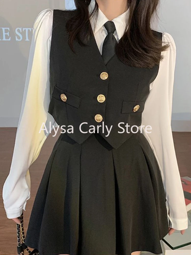 Japanese Sweet Uniform Three Piece Set Women Vintage Vest + Mini Pleated Skirt Set Female Autumn Casual Cute Party Skirt Sets