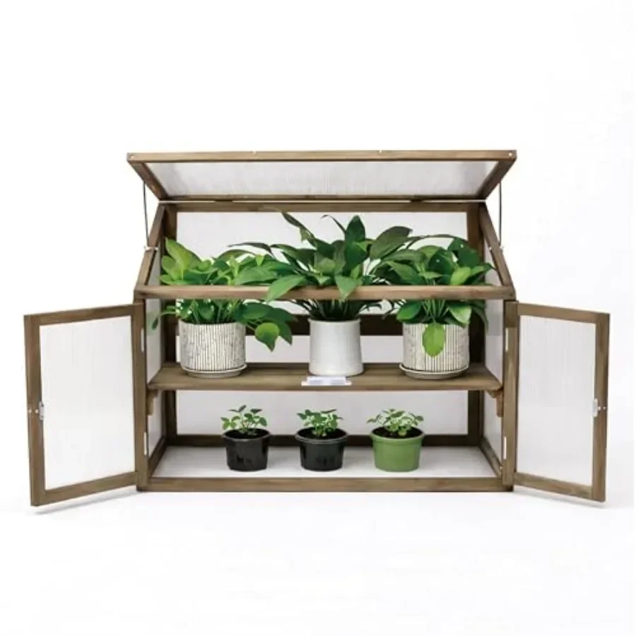2-Tier Wooden Greenhouse for Garden and Patio, Solid Fir Wood with Shelf Ventilation, Grey Cold Frame with Drainage Design