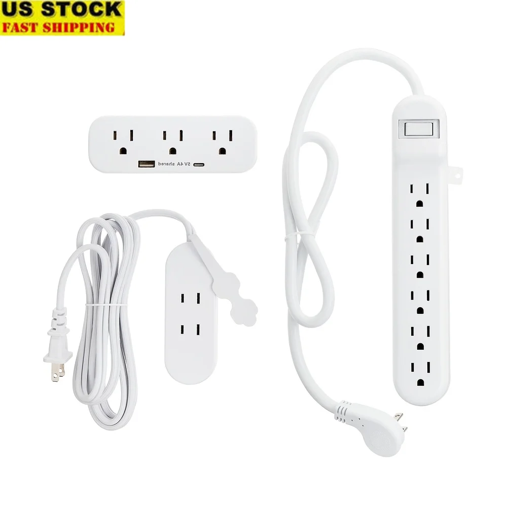 

Surge Protector Power Strip 6 AC Outlets 3 Outlet Wall Tap 2 Outlet Extension Cord 450 Joule Energy Absorption 2.5ft 6ft Cord