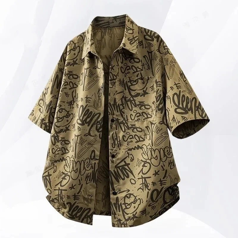 

Mens Graffiti Print Short Sleeve Shirt Loose Fit Button Down Casual Streetwear Blouse