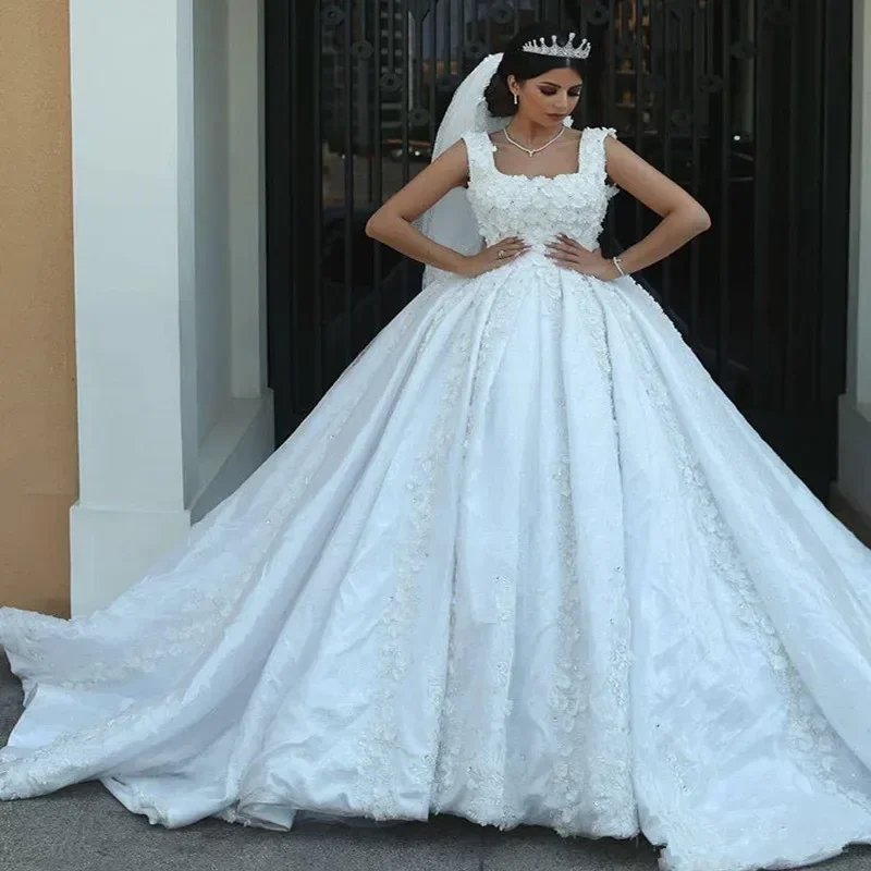 Customized  Spaghetti Strap 3D Floral Appliques Crystals Wedding Dress Sweep Train Ballgown Puffy Backless Garden Bridal Gowns