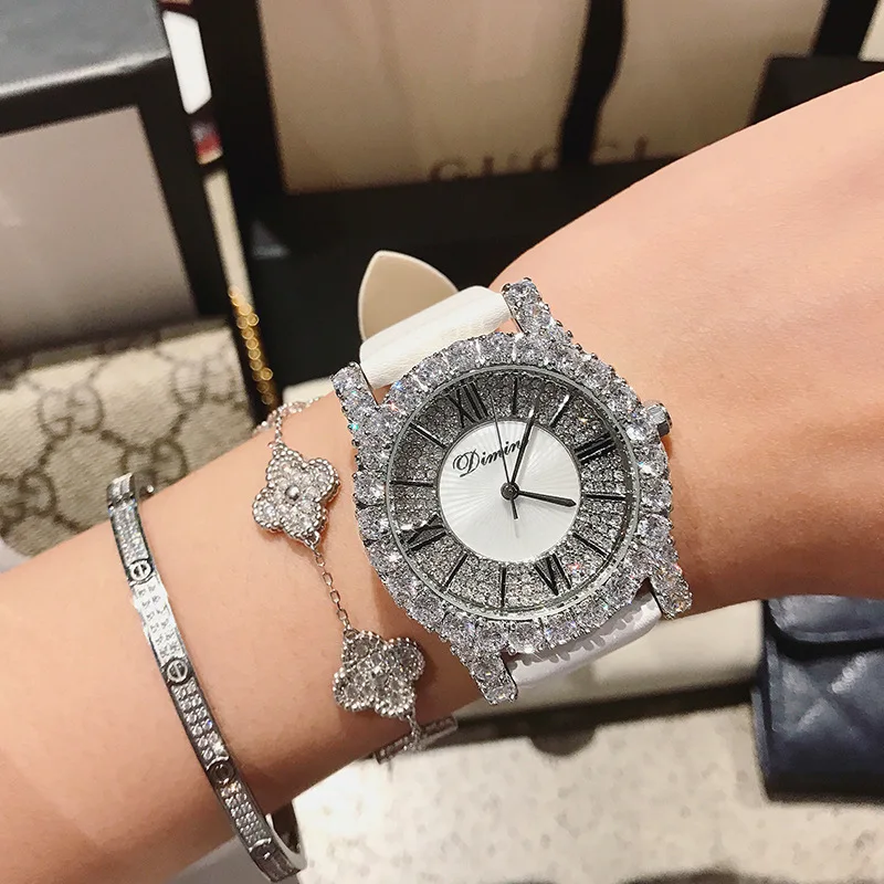 Roman Scale Rhinestone Heavy Industry Exquisite Leather strap Quartz Watch Fashionable and Versatile Waterproof Watch for Women