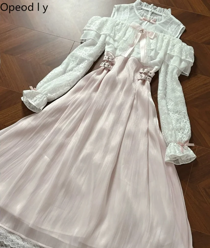 

Japanese Sweet Pink Lace Pinched Waist Dress Mine Series Mass Production Cute Bow Women Y2k Lolita Long Dress 2026 Spring