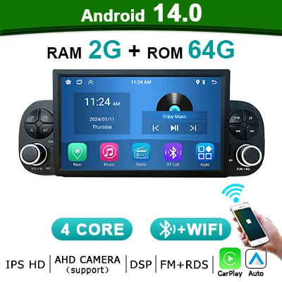 7 ''Android 14 Auto Carplay Autoradio Stereo Voor Fiat Panda 2020-2023 2 Din Auto Radio Bluetooth Multimedia Speler Scherm 4G Lte