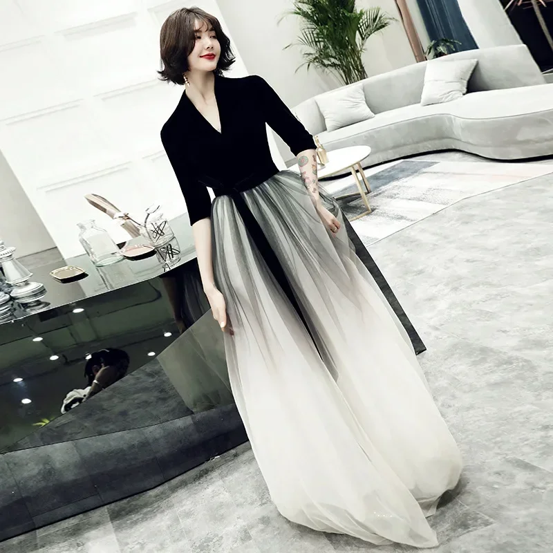 Es Yiiya vestido De noche personalizado De terciopelo negro Degradado con cuello en V media manga De talla grande vestidos formales para mujer bata
