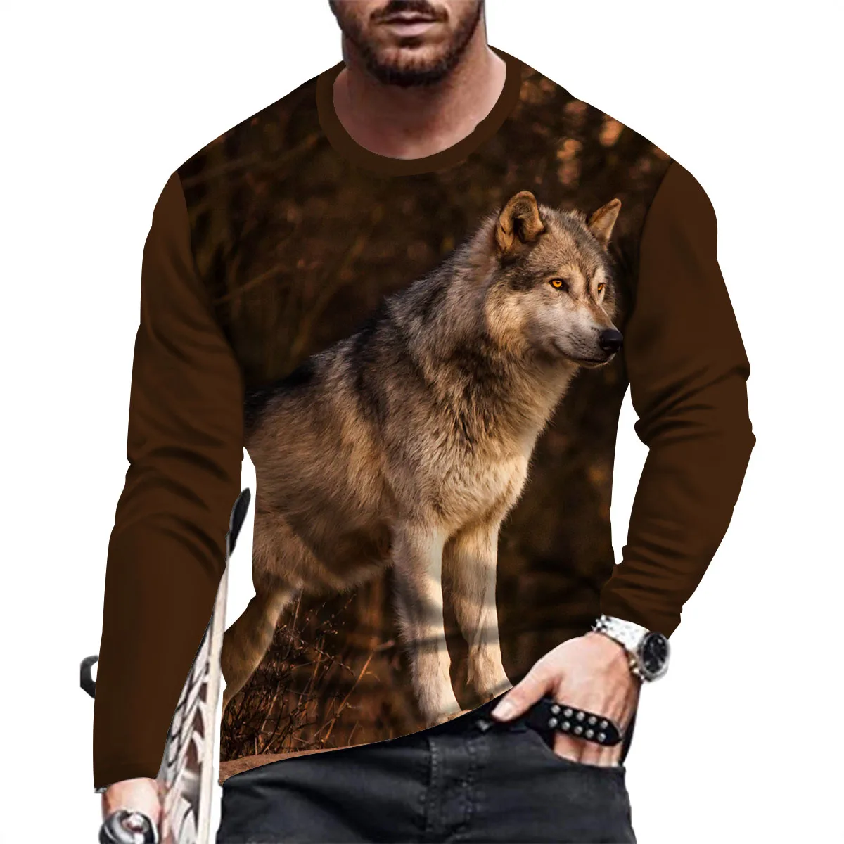 New Coyote Animal Print Summer Men\'s Round Neck T-shirt Casual Long Sleeve Oversized T-Shirt Fashion Pullover Trend Men Clothing