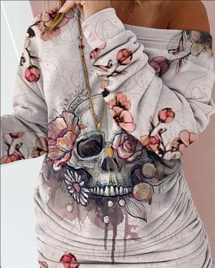 Halloween Drawstring Long Sleeve Dress Skull Floral Print Fashion Women's Clothing Funny Casual Vintage Sweatshirt Mini Dresses