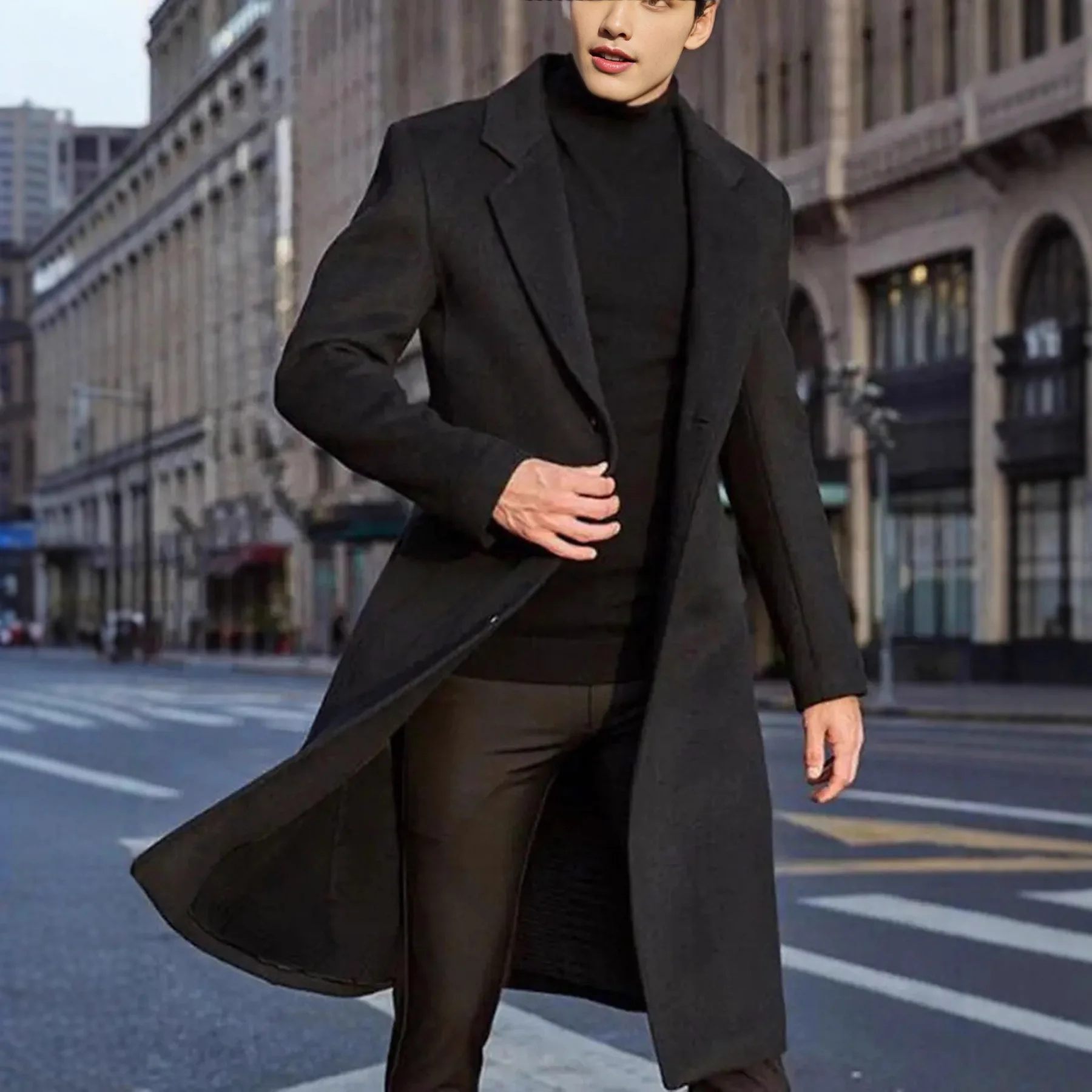 

Autumn Winter Mens Wool Coat Solid Long Sleeve Woolen Jackets Fleece Men Overcoat Streetwear Fashion Long Trench Coat Outerwear
