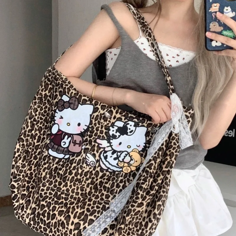 Hello Kitty Leopard Y2k Handbag High Capacity Retro Tote Bag Ribbon Bandage Casual Crossbody Bag Women\'s Wide Strap Shoulder Bag