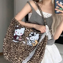 Hello Kitty Leopard Y2k Handbag High Capacity Retro Tote Bag Ribbon Bandage Casual Crossbody Bag Women's Wide Strap Shoulder Bag