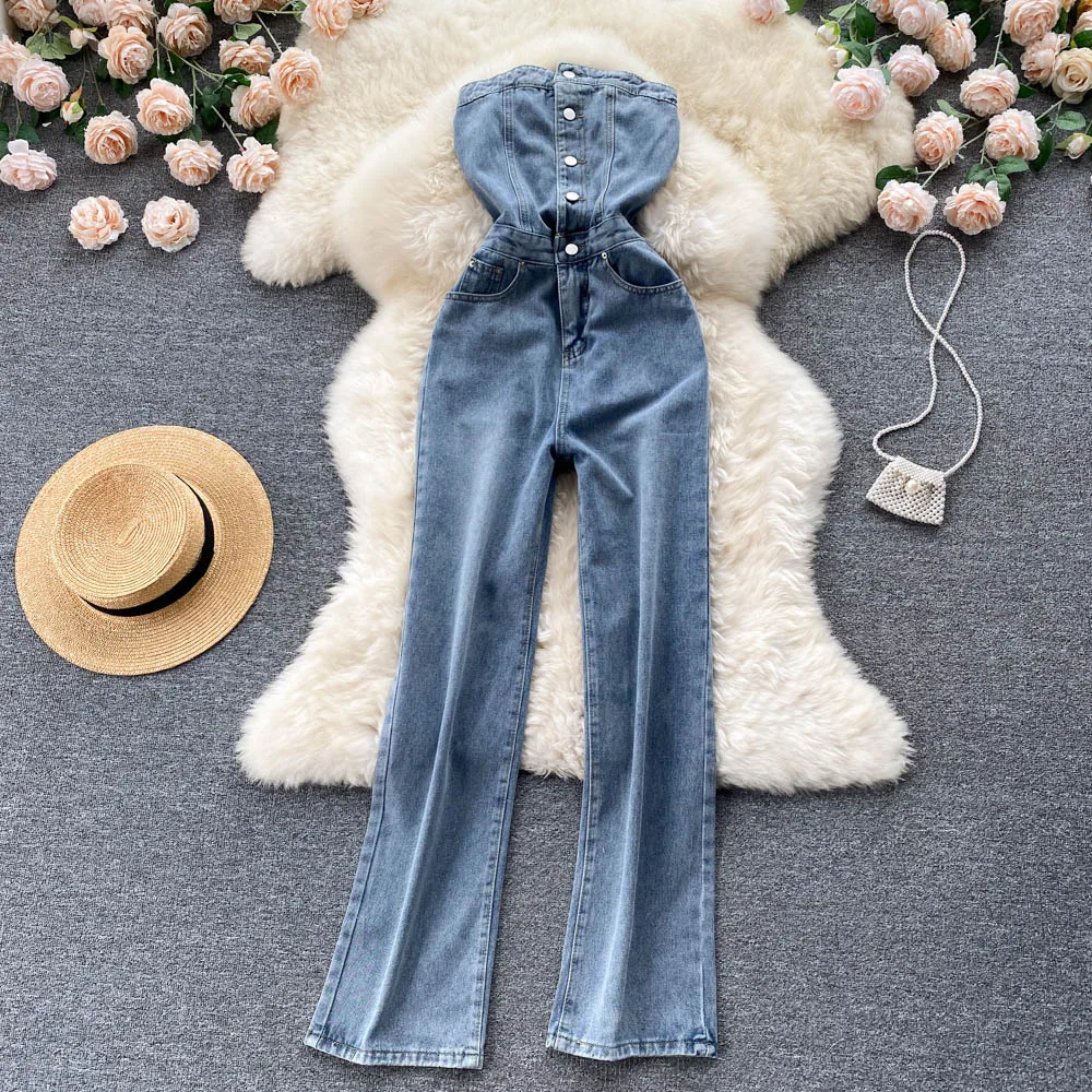 Retro Tube Top Jumpsuit Women\'s Summer 2023 New Slim Waist Buttons Up Denim Long Pants Overalls Rompers